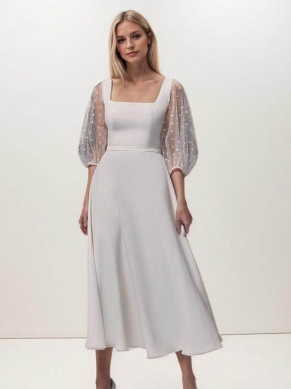 A-Line Tea Length Chiffon White (Ivory) Dress